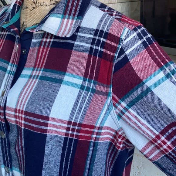 Orvis long sleeve snap closure fleece lined navy red white green shacket flannel - Picture 5 of 15